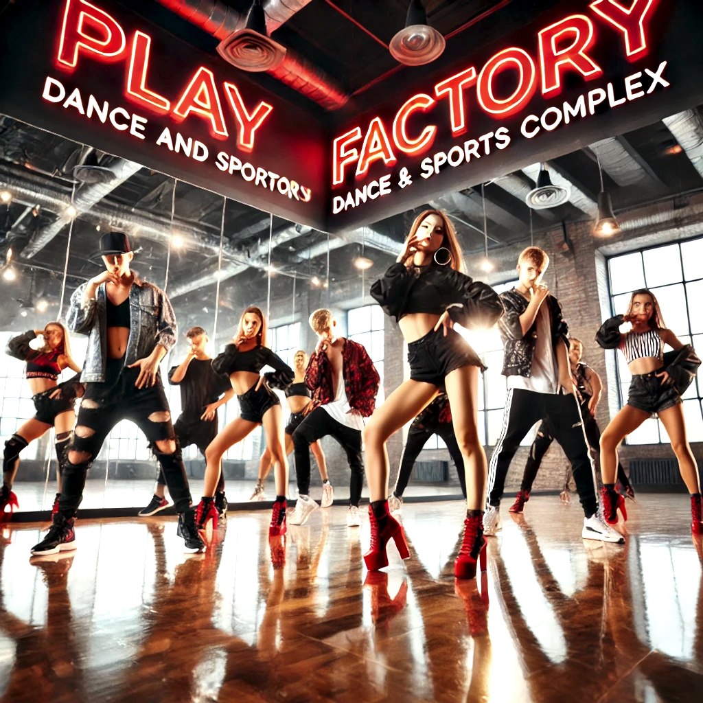 DALL·E 2024 11 13 12.01.34 A vibrant dance studio at Play Factory Dance and Sports Complex featuring Hip Hop dancers in high heels. The dancers are performing powerful high en