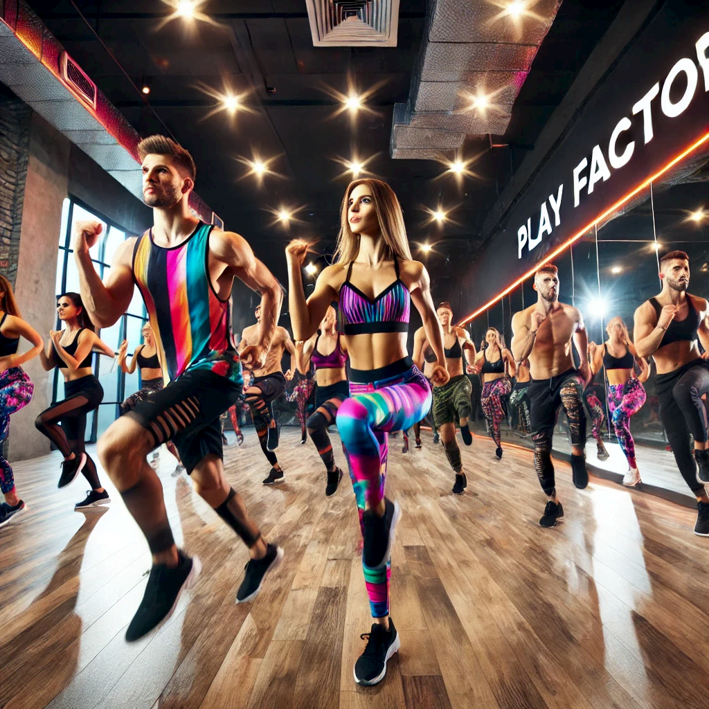 DALL·E 2024 11 13 12.27.16 A vibrant dance studio at Play Factory Dance and Sports Complex featuring a high energy HIIT Cardio workout session. Participants are engaged in inten