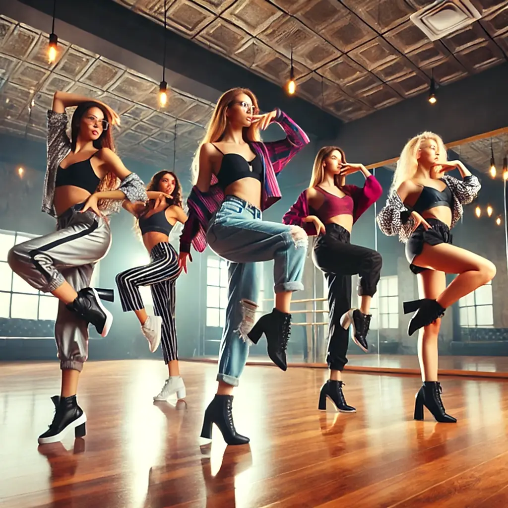 DALL·E 2024 11 13 12.00.46 A vibrant dance studio at Play Factory Dance and Sports Complex featuring Street Jazz dancers in high heels. The dancers are performing dynamic expr