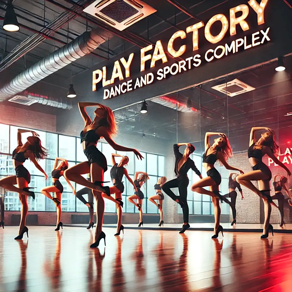 DALL·E 2024 11 13 12.06.02 A vibrant dance studio at Play Factory Dance and Sports Complex featuring a modern dance class. The dancers are performing expressive fluid movements
